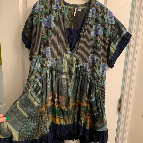 Free People Floral Plaid Printed Agnes V-Neck Swing Mini Dress Navy Blue Green - Picture 7 of 10